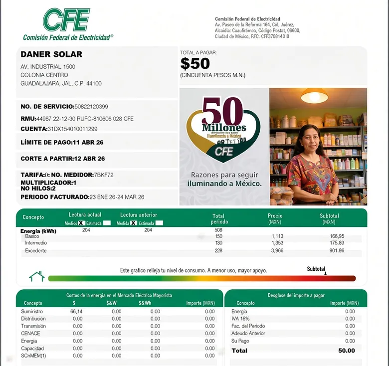Recibo de CFE con paneles solares, con un total de 50 pesos (ilustrativo)